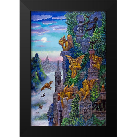 Gargoyles Twilight Black Modern Wood Framed Art Print by Bell, Bill