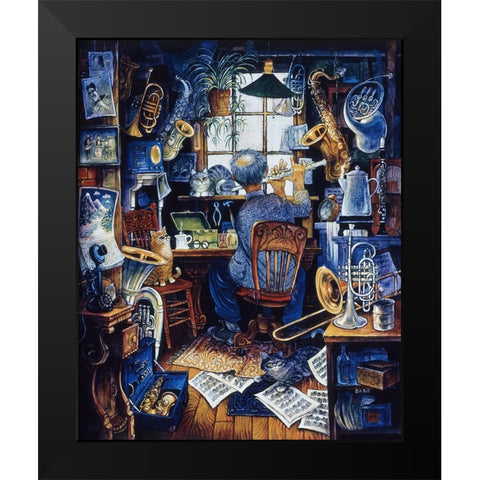 Music Man  Black Modern Wood Framed Art Print by Bell, Bill