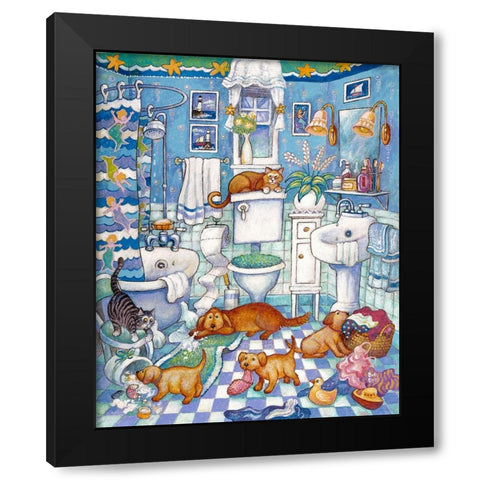 Bathroom Pups Black Modern Wood Framed Art Print by Bell, Bill