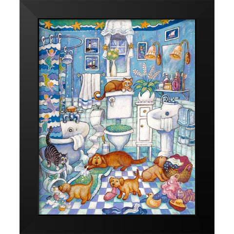 Bathroom Pups Black Modern Wood Framed Art Print by Bell, Bill