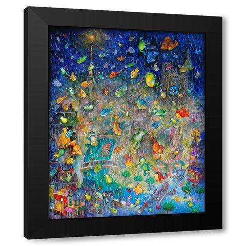 Raining Frogs And Fishes Black Modern Wood Framed Art Print by Bell, Bill