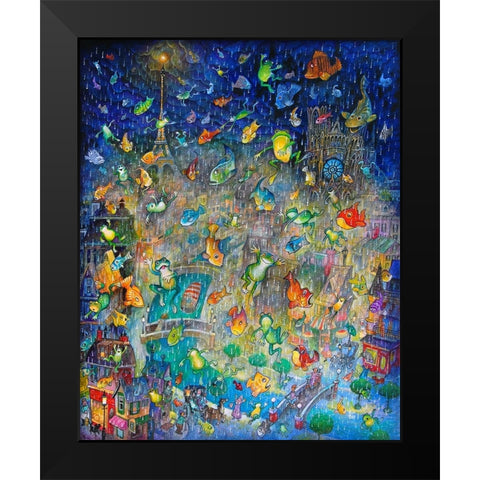 Raining Frogs And Fishes Black Modern Wood Framed Art Print by Bell, Bill