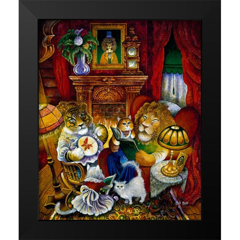 Lion Reading A Book Black Modern Wood Framed Art Print by Bell, Bill