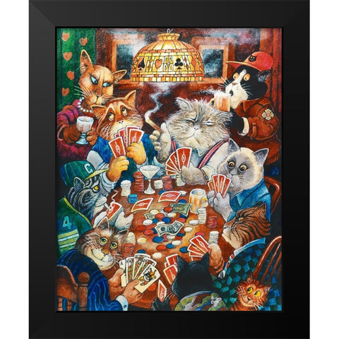 Poker Cats Black Modern Wood Framed Art Print by Bell, Bill