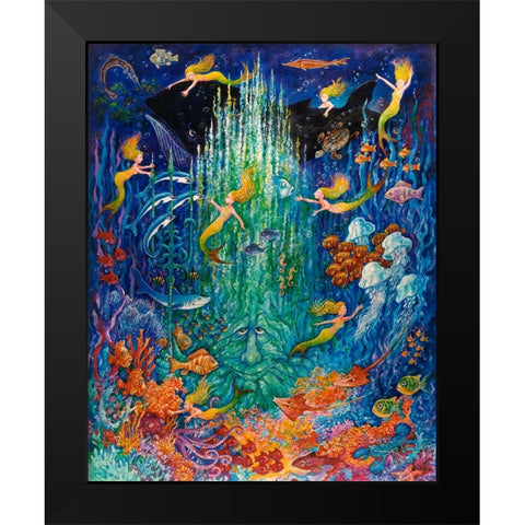 Neptune And The Mermaids Black Modern Wood Framed Art Print by Bell, Bill