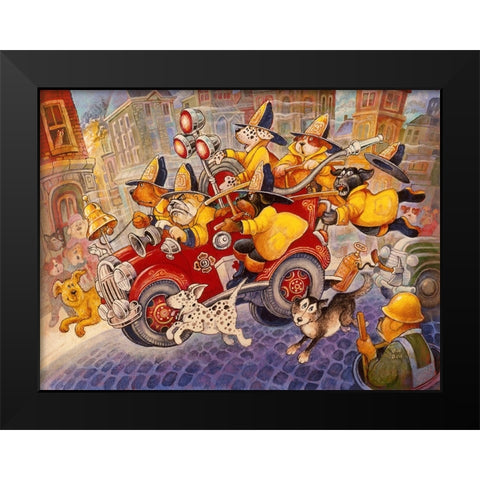 Hot Dog Firefighters Black Modern Wood Framed Art Print by Bell, Bill