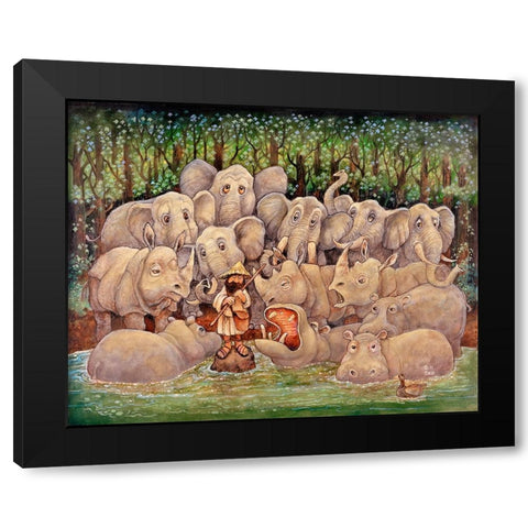 Noah - Elephants-Rhinos-Hippos Black Modern Wood Framed Art Print by Bell, Bill