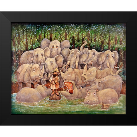 Noah - Elephants-Rhinos-Hippos Black Modern Wood Framed Art Print by Bell, Bill