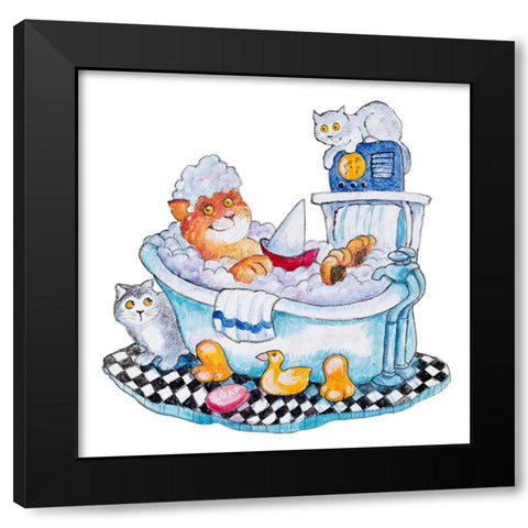 Bubble Bath Cat Black Modern Wood Framed Art Print by Bell, Bill