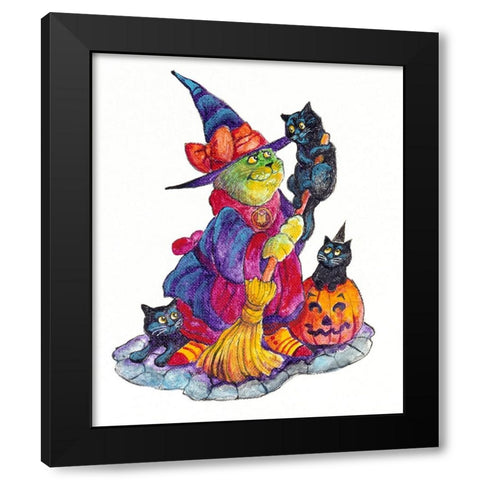 Witchcat With Broom Black Modern Wood Framed Art Print with Double Matting by Bell, Bill