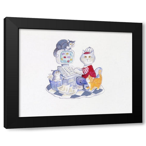 Computer Cat Black Modern Wood Framed Art Print by Bell, Bill
