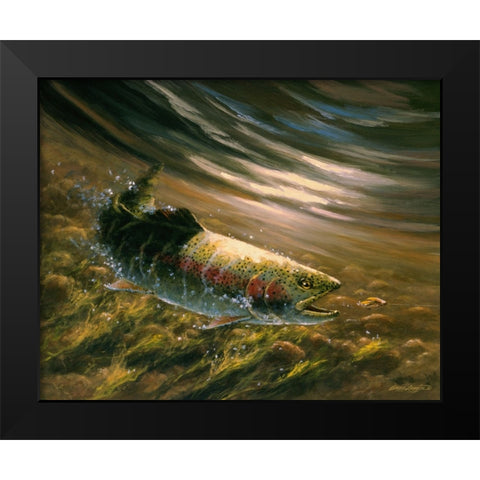 The Chase - Rainbow Trout Black Modern Wood Framed Art Print by Langton, Bruce