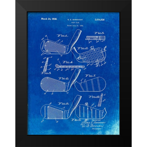 PP4-Faded Blueprint Golf Club Faces Patent Poster Black Modern Wood Framed Art Print by Borders, Cole
