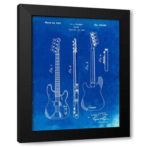 PP8-Faded Blueprint Fender Precision Bass Guitar Patent Poster Black Modern Wood Framed Art Print with Double Matting by Borders, Cole