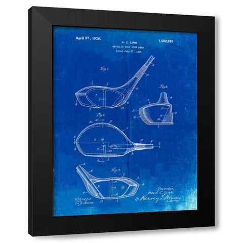 PP9-Faded Blueprint Golf Driver 1925 Patent Poster Black Modern Wood Framed Art Print by Borders, Cole