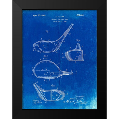 PP9-Faded Blueprint Golf Driver 1925 Patent Poster Black Modern Wood Framed Art Print by Borders, Cole
