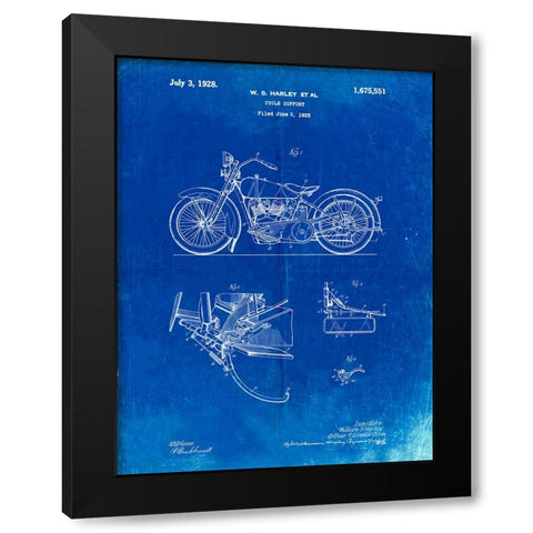 PP10-Faded Blueprint Harley Davidson Model JD Patent Poster Black Modern Wood Framed Art Print with Double Matting by Borders, Cole