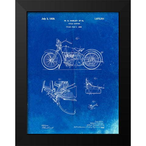 PP10-Faded Blueprint Harley Davidson Model JD Patent Poster Black Modern Wood Framed Art Print by Borders, Cole