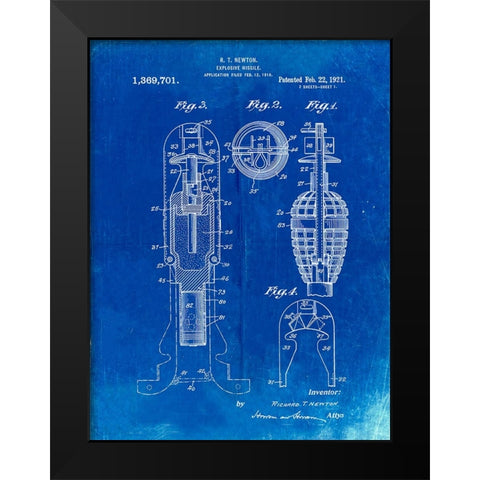 PP12-Faded Blueprint Explosive Missile Patent Poster Black Modern Wood Framed Art Print by Borders, Cole