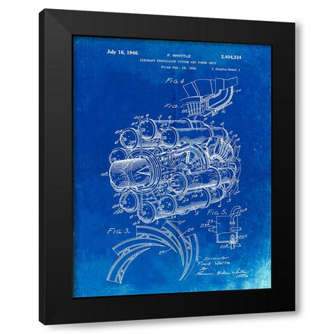 PP14-Faded Blueprint Jet Engine Patent Poster Black Modern Wood Framed Art Print by Borders, Cole