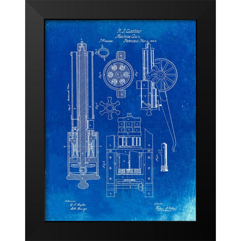 PP23-Faded Blueprint Gatling Gun Patent Poster Black Modern Wood Framed Art Print by Borders, Cole