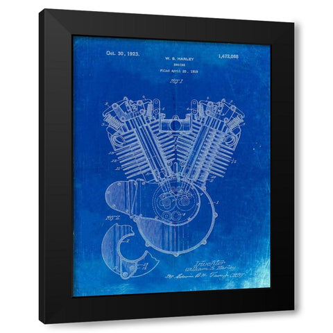 PP24-Faded Blueprint Harley Davidson Engine 1919 Patent Poster Black Modern Wood Framed Art Print with Double Matting by Borders, Cole