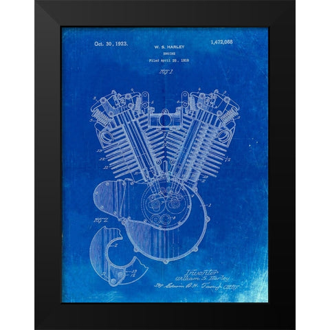PP24-Faded Blueprint Harley Davidson Engine 1919 Patent Poster Black Modern Wood Framed Art Print by Borders, Cole