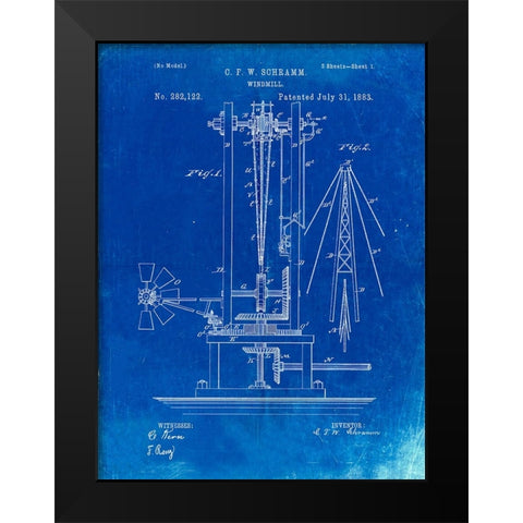PP26-Faded Blueprint Windmill 1883 Patent Poster Black Modern Wood Framed Art Print by Borders, Cole