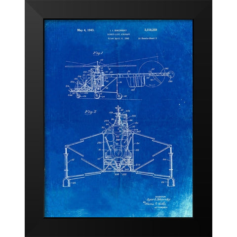 PP28-Faded Blueprint Sikorsky S-47 Helicopter Patent Poster Black Modern Wood Framed Art Print by Borders, Cole