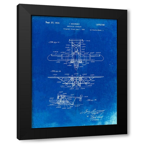 PP29-Faded Blueprint Biwing Seaplane Patent Print Black Modern Wood Framed Art Print by Borders, Cole