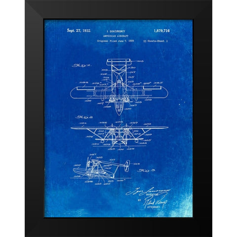 PP29-Faded Blueprint Biwing Seaplane Patent Print Black Modern Wood Framed Art Print by Borders, Cole