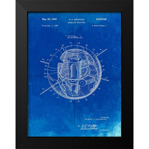PP52-Faded Blueprint Earth Satellite Patent Poster Black Modern Wood Framed Art Print by Borders, Cole