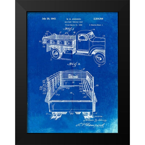 PP59-Faded Blueprint Army Troops Transport Truck Patent Poster Black Modern Wood Framed Art Print by Borders, Cole