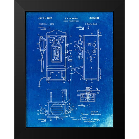 PP65-Faded Blueprint Wall Phone Patent Poster Black Modern Wood Framed Art Print by Borders, Cole
