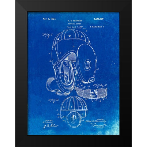 PP73-Faded Blueprint Football Leather Helmet 1927 Patent Poster Black Modern Wood Framed Art Print by Borders, Cole