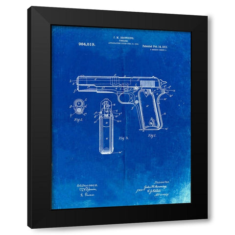 PP76-Faded Blueprint Colt 1911 Semi-Automatic Pistol Patent Poster Black Modern Wood Framed Art Print by Borders, Cole