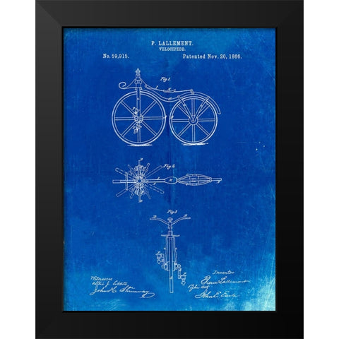 PP77-Faded Blueprint First Bicycle 1866 Patent Poster Black Modern Wood Framed Art Print by Borders, Cole