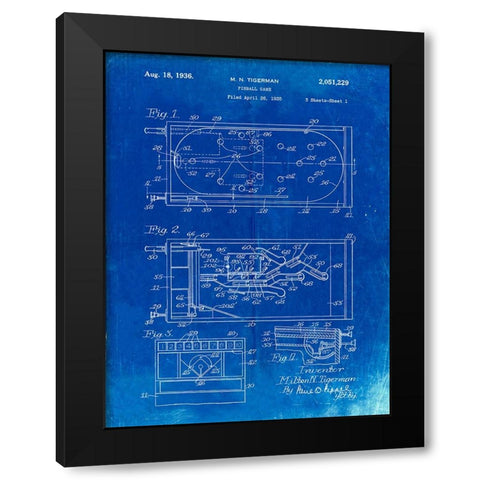 PP79-Faded Blueprint Pin Ball Machine Patent Poster Black Modern Wood Framed Art Print by Borders, Cole