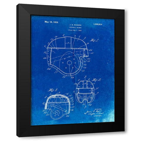 PP218-Faded Blueprint Football Helmet 1925 Patent Poster Black Modern Wood Framed Art Print by Borders, Cole