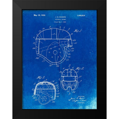PP218-Faded Blueprint Football Helmet 1925 Patent Poster Black Modern Wood Framed Art Print by Borders, Cole