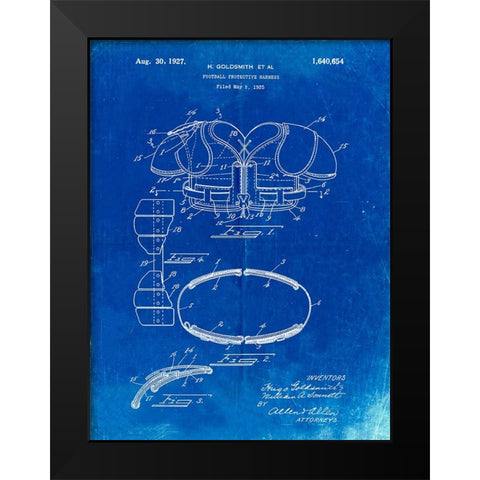 PP219-Faded Blueprint Football Shoulder Pads 1925 Patent Poster Black Modern Wood Framed Art Print by Borders, Cole