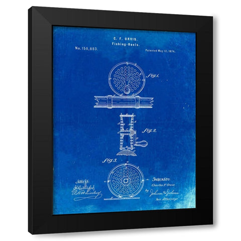PP225-Faded Blueprint Orvis 1874 Fly Fishing Reel Patent Poster Black Modern Wood Framed Art Print by Borders, Cole