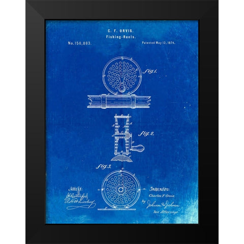 PP225-Faded Blueprint Orvis 1874 Fly Fishing Reel Patent Poster Black Modern Wood Framed Art Print by Borders, Cole