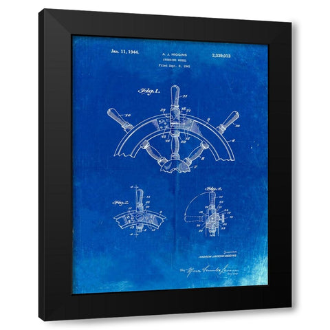PP228-Faded Blueprint Ship Steering Wheel Patent Poster Black Modern Wood Framed Art Print by Borders, Cole