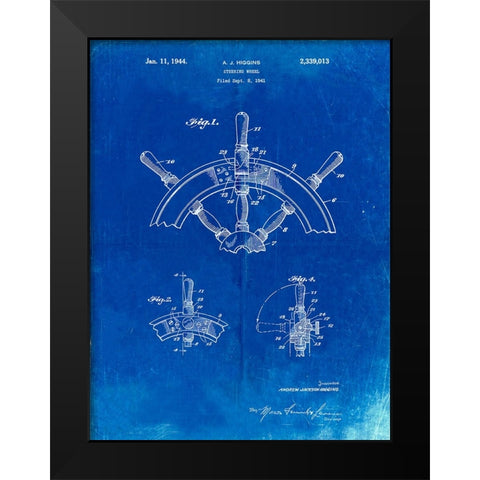 PP228-Faded Blueprint Ship Steering Wheel Patent Poster Black Modern Wood Framed Art Print by Borders, Cole