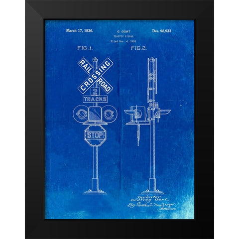 PP231-Faded Blueprint Railroad Crossing Signal Patent Poster Black Modern Wood Framed Art Print by Borders, Cole