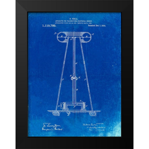 PP241-Faded Blueprint Tesla Energy Transmitter Patent Poster Black Modern Wood Framed Art Print by Borders, Cole