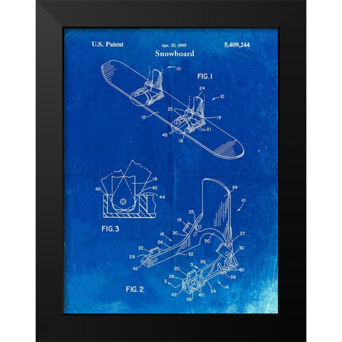 PP246-Faded Blueprint Burton Baseless Binding 1995 Snowboard Patent Poster Black Modern Wood Framed Art Print by Borders, Cole