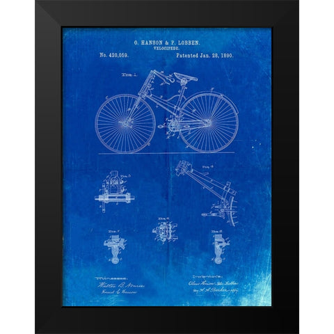 PP248-Faded Blueprint Bicycle 1890 Patent Poster Black Modern Wood Framed Art Print by Borders, Cole