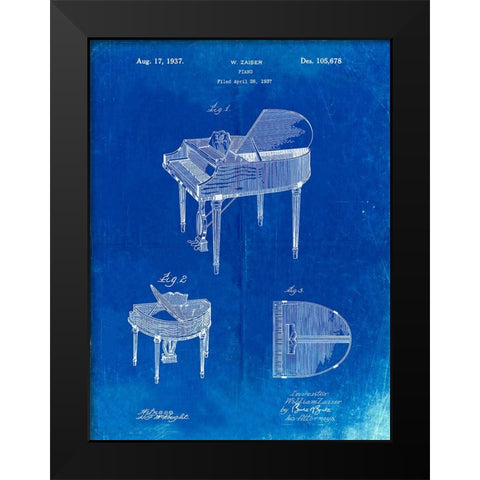 PP252-Faded Blueprint Wurlitzer Butterfly Model 235 Piano Patent Poster Black Modern Wood Framed Art Print by Borders, Cole